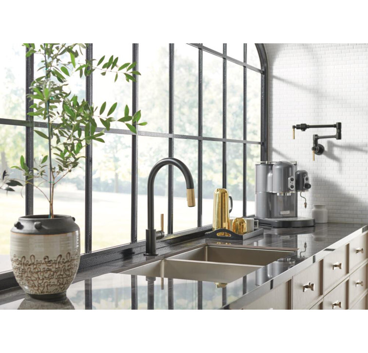 Matte Black and Gold Pull-Down Kitchen Faucet with Brass Handle