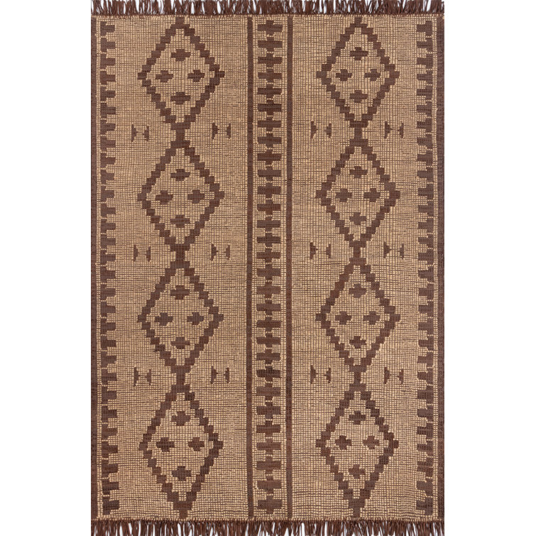 Handwoven Jute and Leather Patterned Rug with Fringe, 9' x 12'