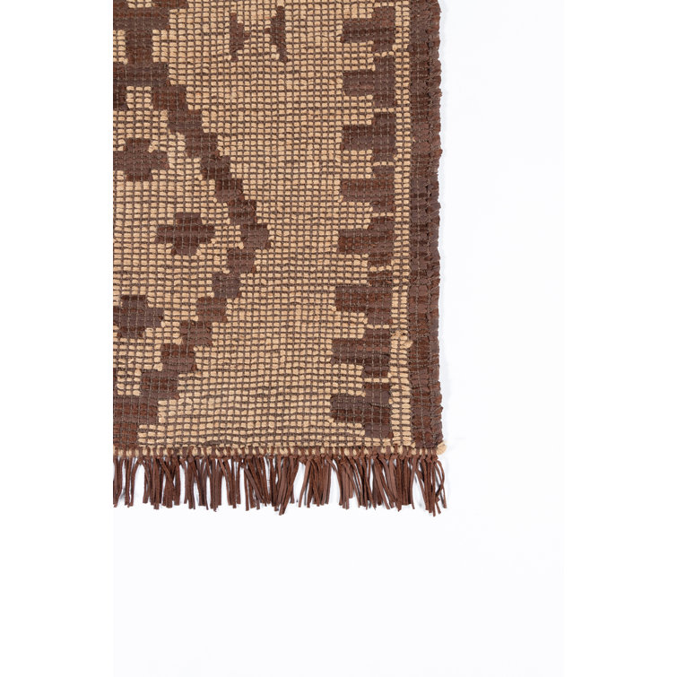 Handwoven Jute and Leather Patterned Rug with Fringe, 9' x 12'