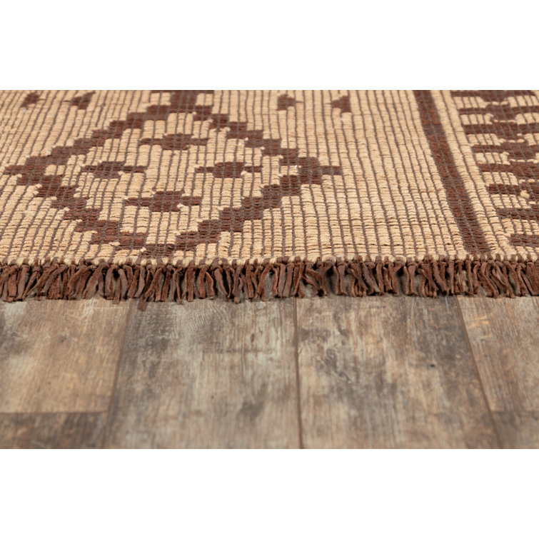 Handwoven Jute and Leather Patterned Rug with Fringe, 9' x 12'