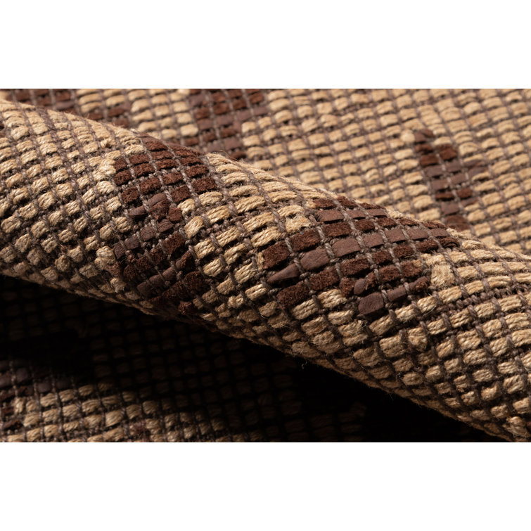 Handwoven Jute and Leather Patterned Rug with Fringe, 9' x 12'