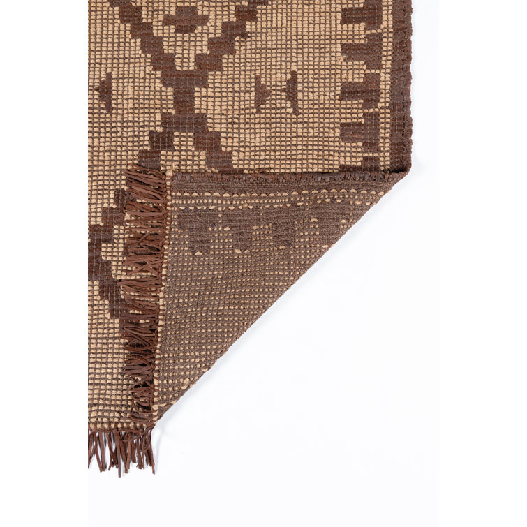 Handwoven Jute and Leather Patterned Rug with Fringe, 9' x 12'