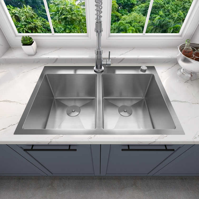 Sinber 33" Stainless Steel Double Bowl Drop-In Kitchen Sink