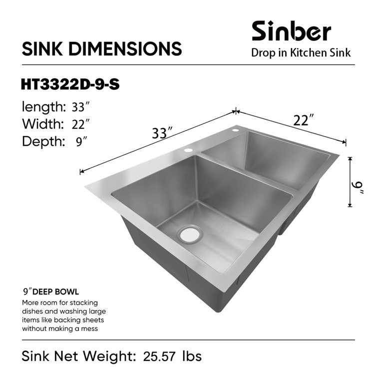 Sinber 33" Stainless Steel Double Bowl Drop-In Kitchen Sink