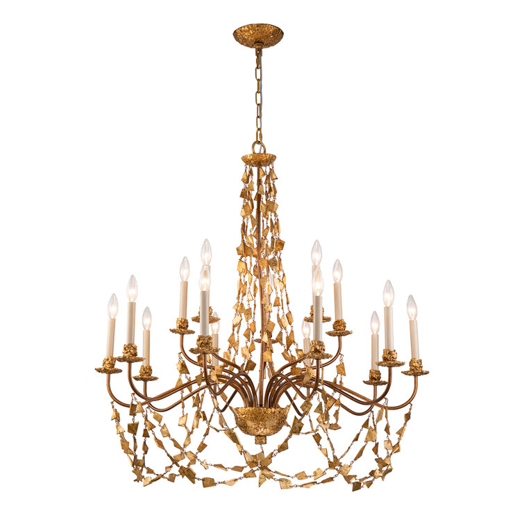 Gold Leaf 15-Light Candelabra Chandelier with Wrought Iron Frame