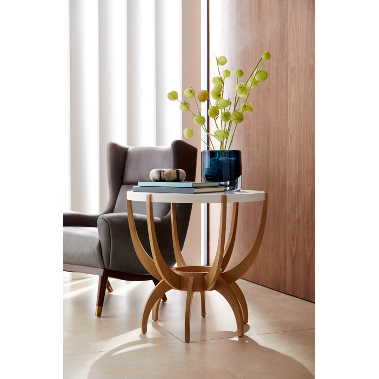 Oyster Finish Oak Veneer Round Side Table with White Lacquer Top