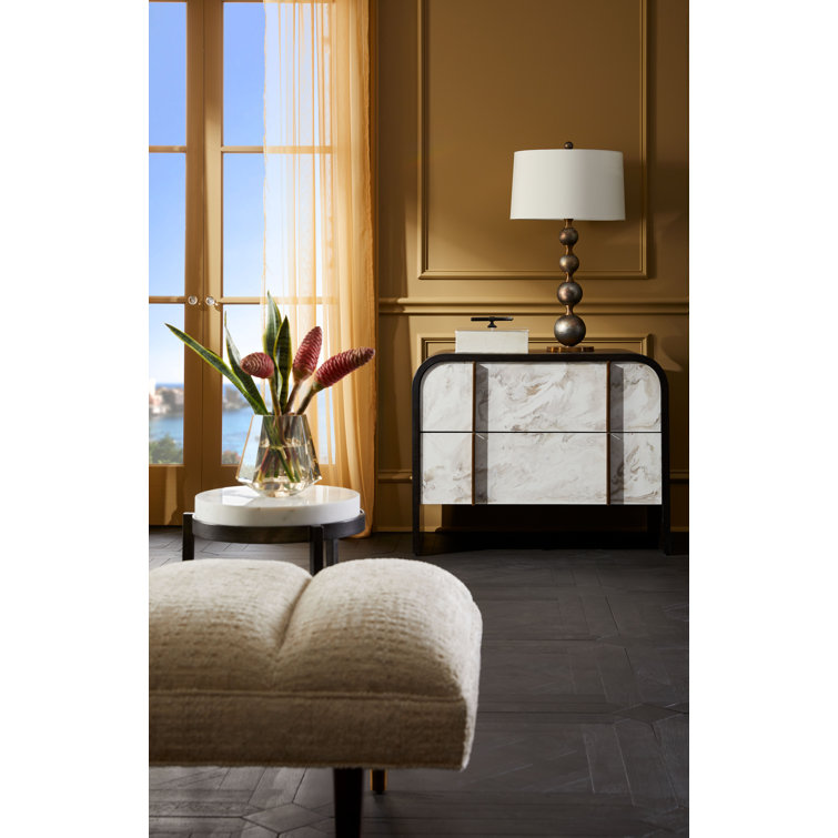 Ebony Oak and Cloud Resin 20.5" Round Side Table with Brass Trim
