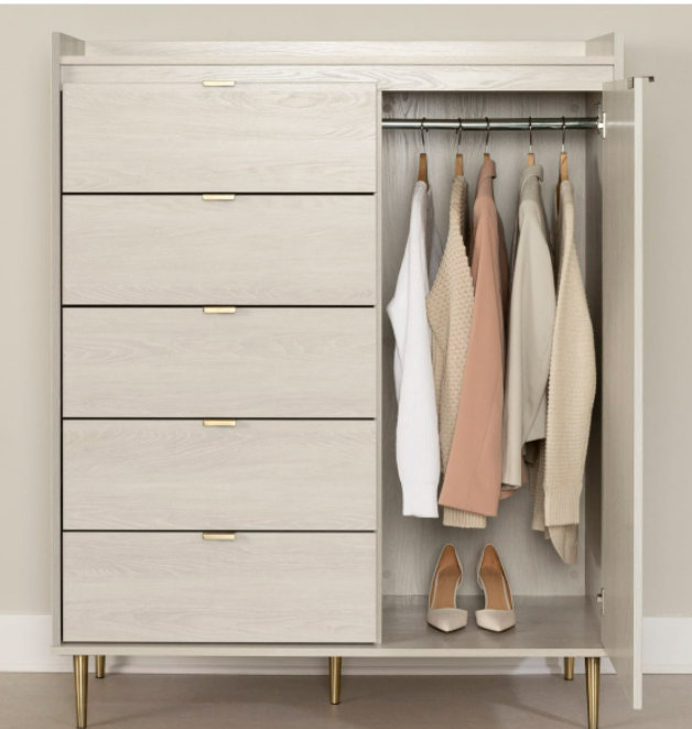 Natural Walnut and Faux Carrara Marble Glam 5-Drawer Dresser