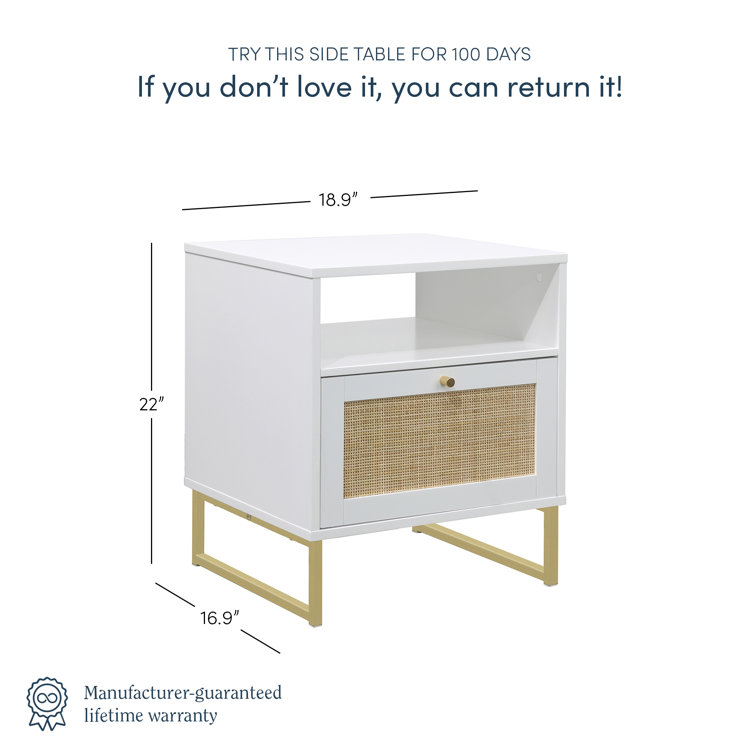 Mina White and Gold Rattan Wood End Table with Boho Storage