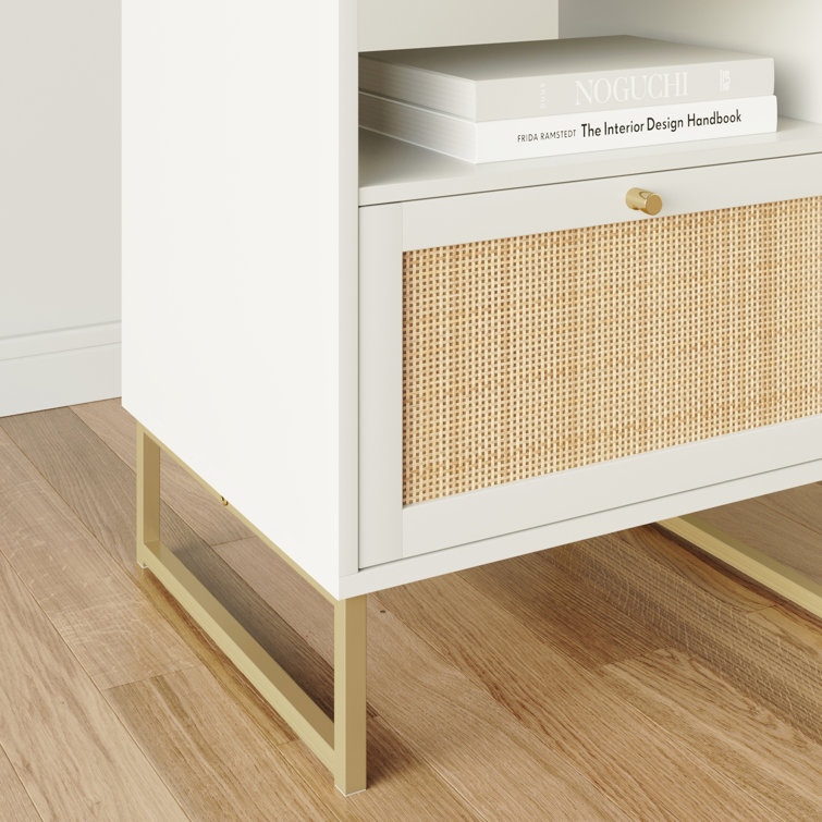 Mina White and Gold Rattan Wood End Table with Boho Storage