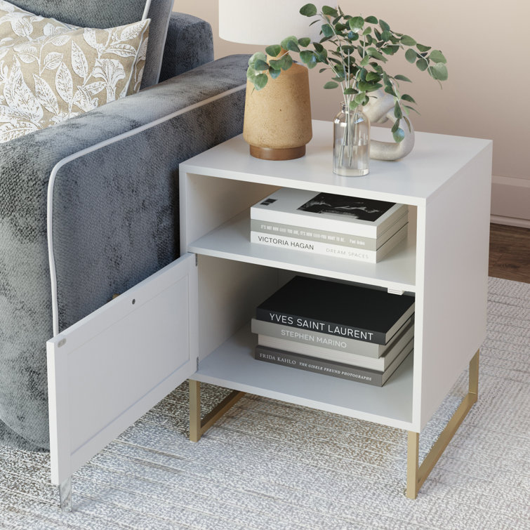 Mina White and Gold Rattan Wood End Table with Boho Storage