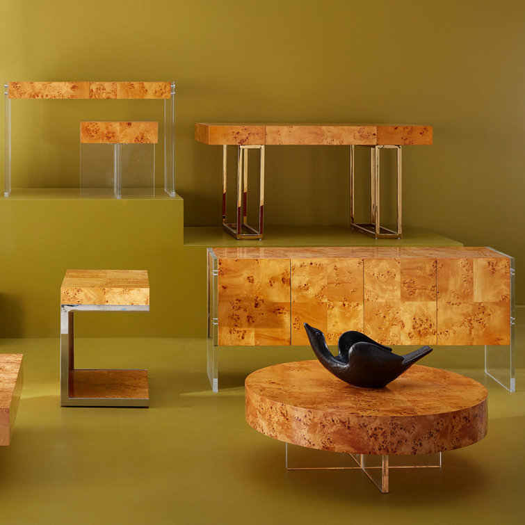 Bond Executive White Burled Mappa Desk with Polished Brass Base