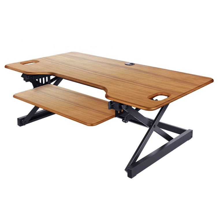 Teak Adjustable Standing Desk Converter with Keyboard Tray