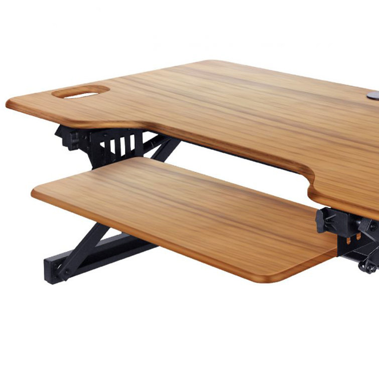 Teak Adjustable Standing Desk Converter with Keyboard Tray