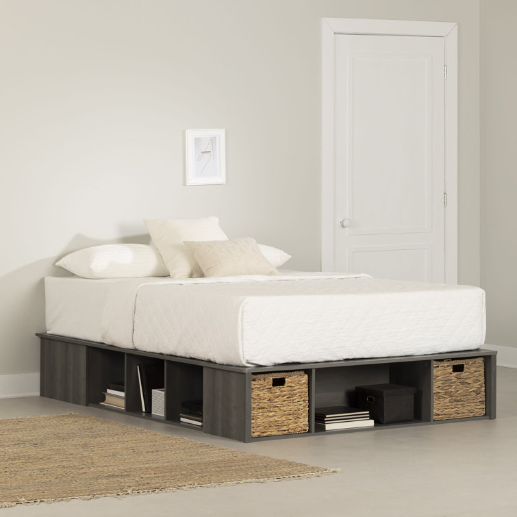 Gray Maple Queen Storage Bed with Wicker Baskets