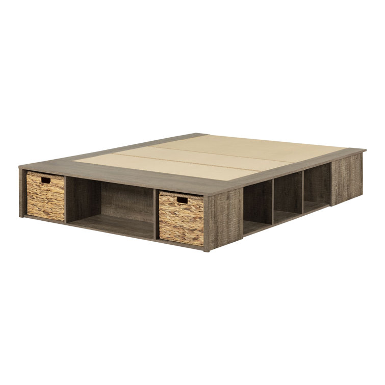 Weathered Oak Queen Storage Bed with Wicker Baskets