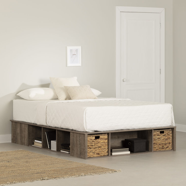Weathered Oak Queen Storage Bed with Wicker Baskets