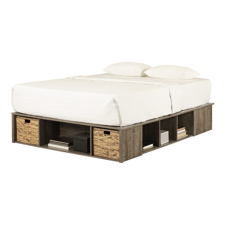 Weathered Oak Queen Storage Bed with Wicker Baskets