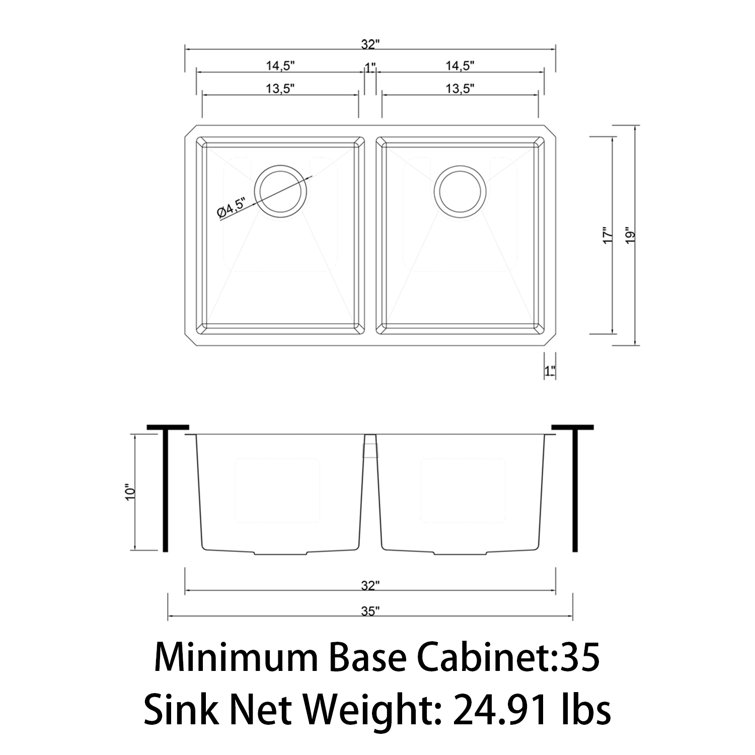 Sinber 32" Stainless Steel Double Bowl Drop-In Kitchen Sink