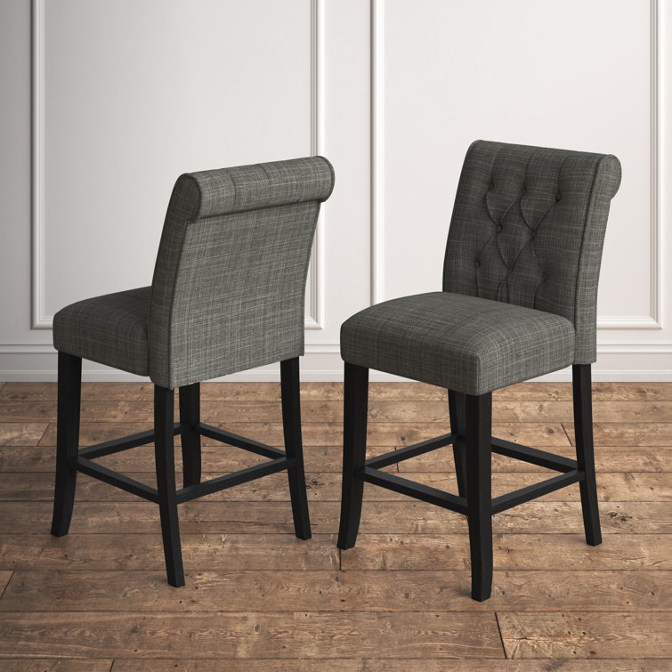 Gray Upholstered Counter Stools with Black Wood Legs, Set of 2