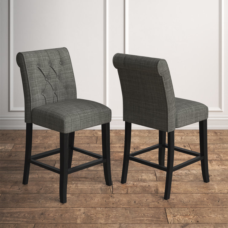 Gray Upholstered Counter Stools with Black Wood Legs, Set of 2