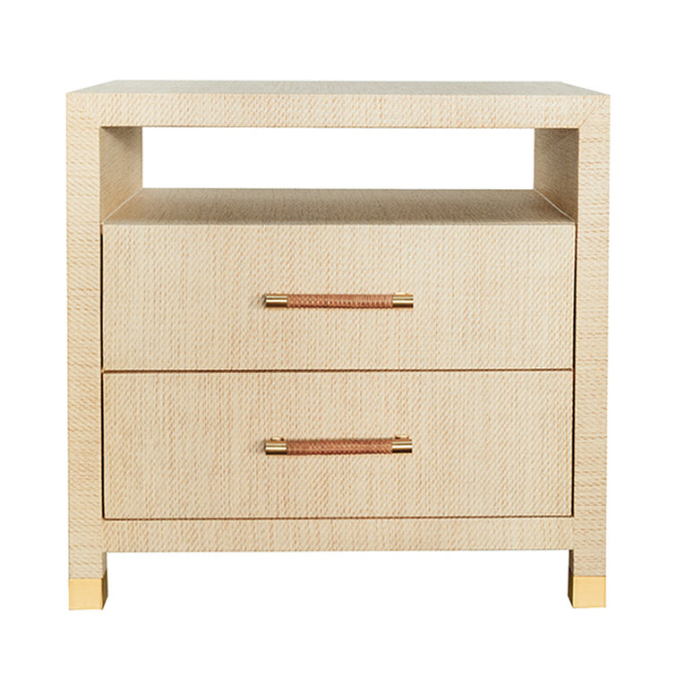 Contemporary Beige Grasscloth 2-Drawer Side Table with Storage