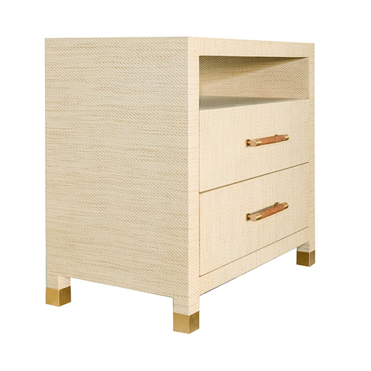 Contemporary Beige Grasscloth 2-Drawer Side Table with Storage