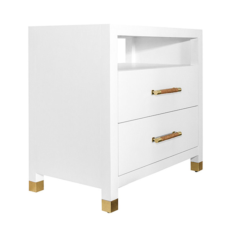 White Wood 2-Drawer Side Table with Rattan Handles