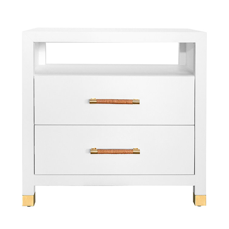 White Wood 2-Drawer Side Table with Rattan Handles