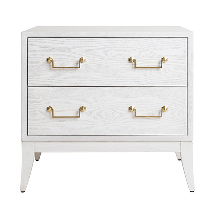 White Washed Oak and Brass Two-Drawer Nightstand