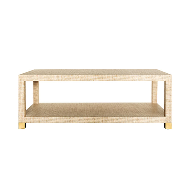 Modern Beige Grasscloth & Brass Foot Caps Rectangular Coffee Table