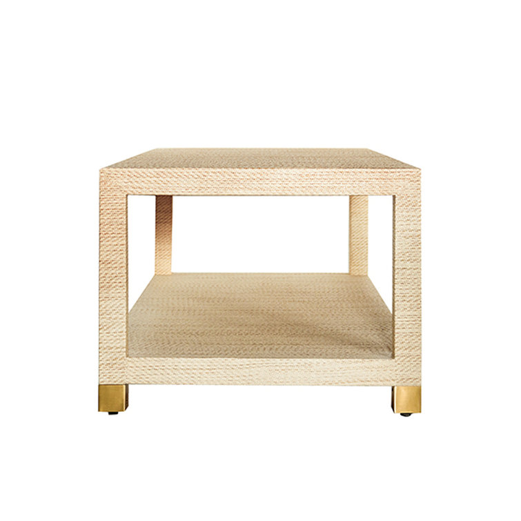 Modern Beige Grasscloth & Brass Foot Caps Rectangular Coffee Table
