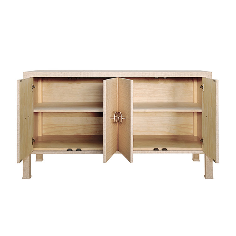 Contemporary Beige Grasscloth 58'' Sideboard with Antique Brass Hardware