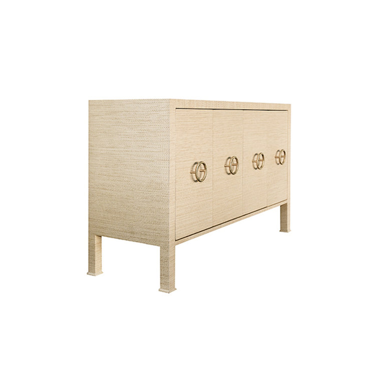 Contemporary Beige Grasscloth 58'' Sideboard with Antique Brass Hardware