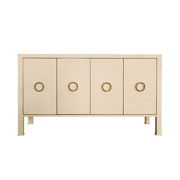 Contemporary Beige Grasscloth 58'' Sideboard with Antique Brass Hardware