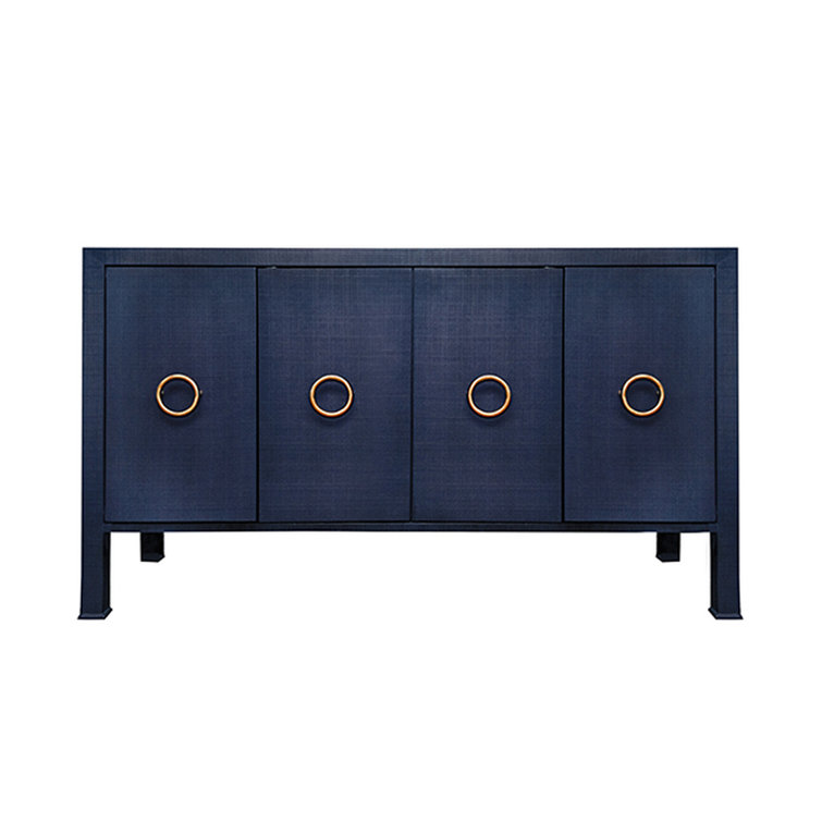 Rue 58'' Navy Linen and Brass Four Door Buffet