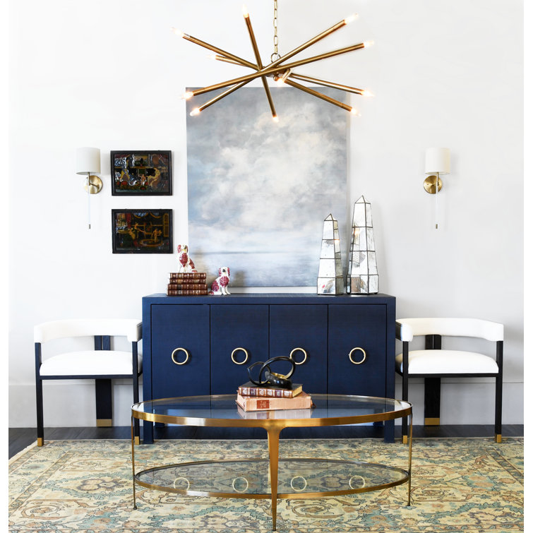 Rue 58'' Navy Linen and Brass Four Door Buffet