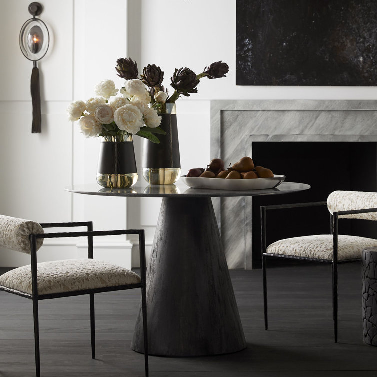 Theodore Round Gray Marble and Wood Dining Table