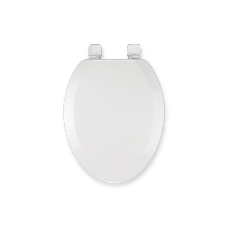 White Molded Wood Elongated Toilet Seat with Adhesive Hinges