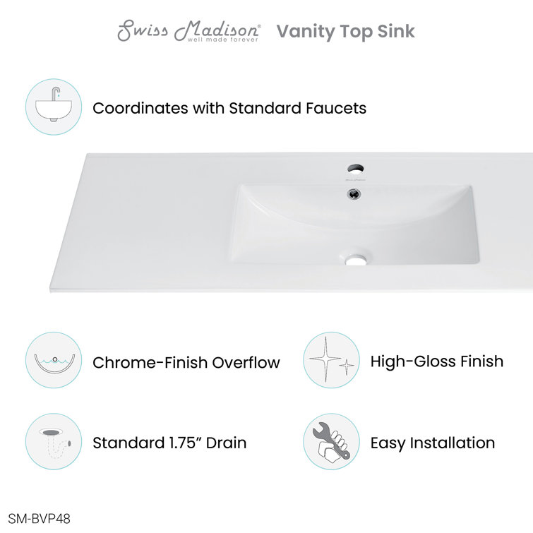 Glossy White Ceramic 48-inch Vanity Sink Top