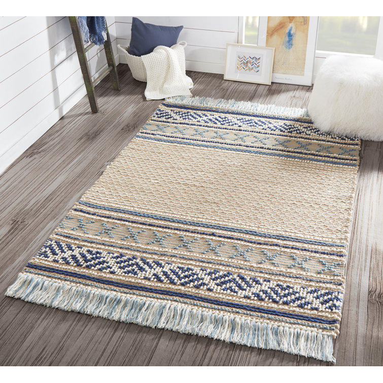 Esme Blue and Beige Geometric Wool Cotton 6' x 9' Area Rug