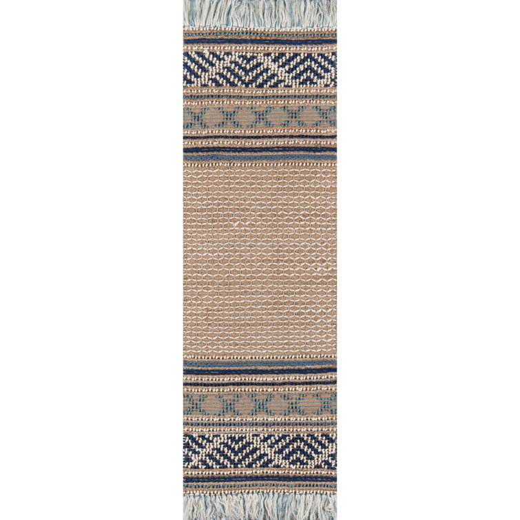 Handwoven Blue and Beige Wool Cotton Geometric Runner Rug