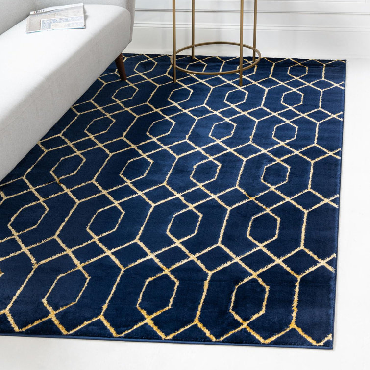 Navy Blue and Gold Trellis 9' x 12' Synthetic Area Rug
