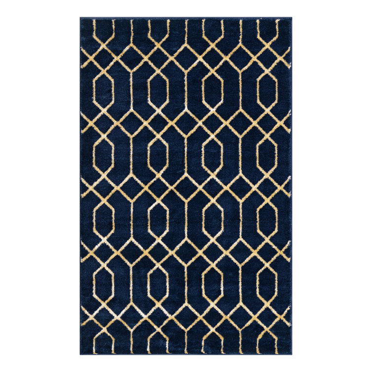 Navy Blue and Gold Trellis Synthetic Rectangular Rug