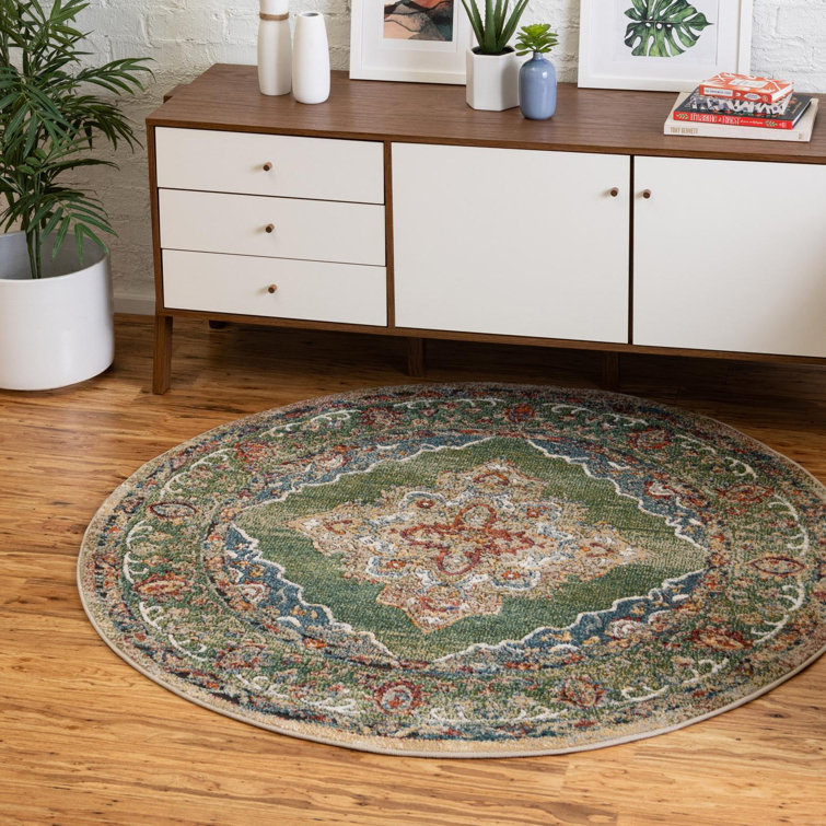 Blue Oriental Synthetic Round Rug with Jute Backing