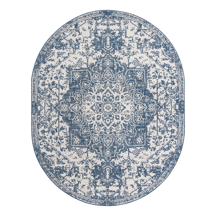 Blue and Ivory Oval Flat Woven Outdoor Rug 8' x 10'