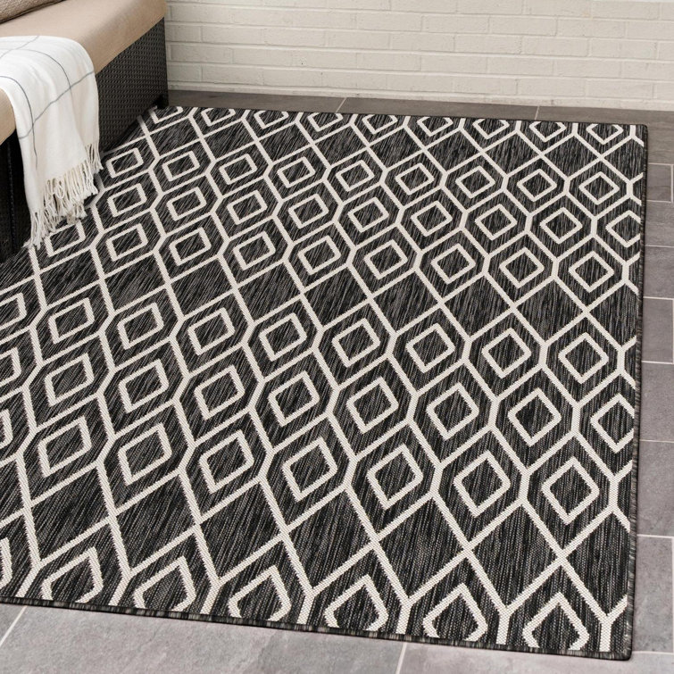 Charcoal Gray Geometric Flat Woven Synthetic Outdoor Rug 8' x 10'