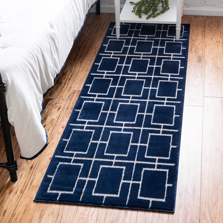 Navy Blue Silver Trellis Synthetic Runner Rug