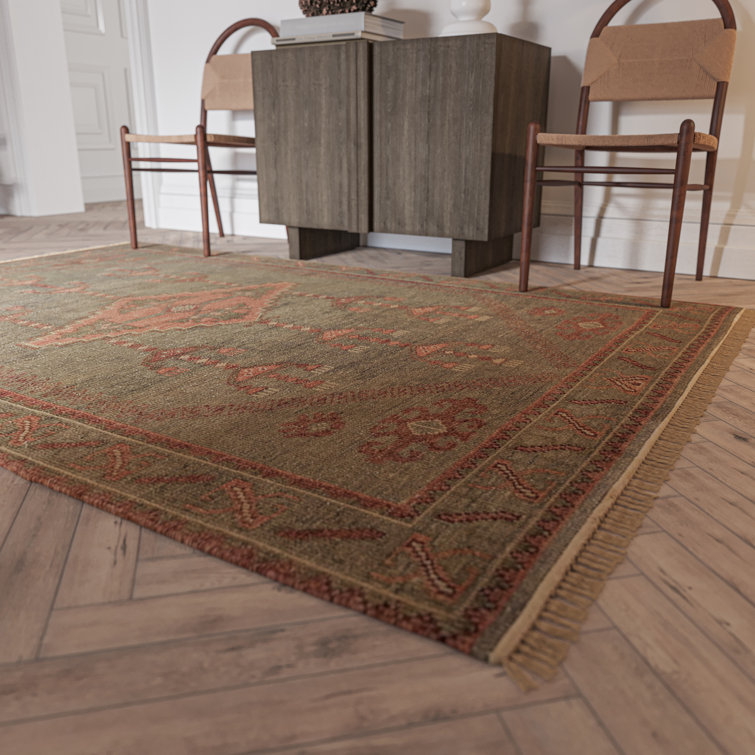Olive Hand-Knotted Wool Floral Area Rug with Fringe