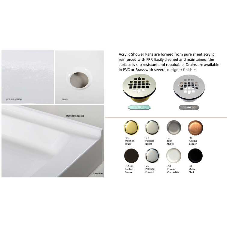 36'' White Acrylic Square Shower Base with Center Drain